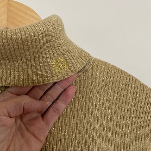 Lauren Ralph Lauren Metallic Gold Ribbed Turtleneck Sweater quiet luxury - Picture 2 of 11